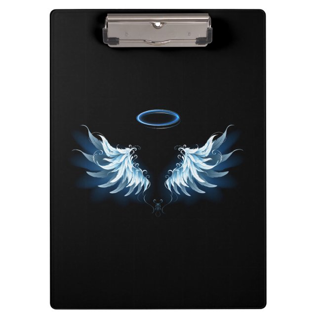 Blue Glowing Angel Wings on black background Clipboard (Front)