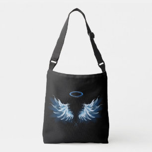 Blue Glowing Angel Wings on black background Crossbody Bag