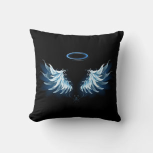 Blue Glowing Angel Wings on black background Cushion