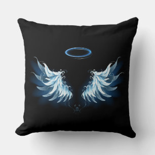 Blue Glowing Angel Wings on black background Cushion