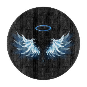 Blue Glowing Angel Wings on black background Cutting Board