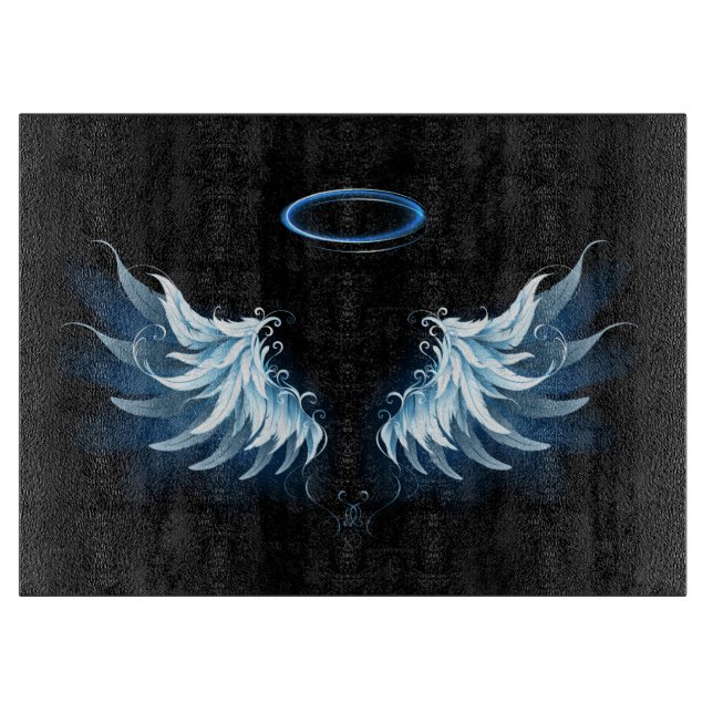 Blue Glowing Angel Wings on black background Cutting Board (Front)