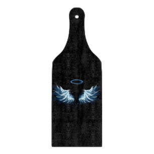 Blue Glowing Angel Wings on black background Cutting Board