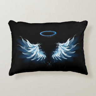 Blue Glowing Angel Wings on black background Decorative Cushion