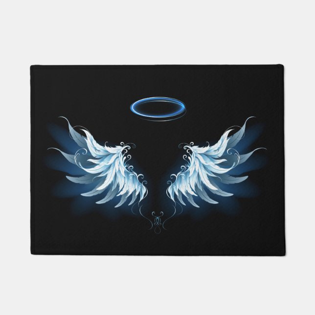 Blue Glowing Angel Wings on black background Doormat (Front)