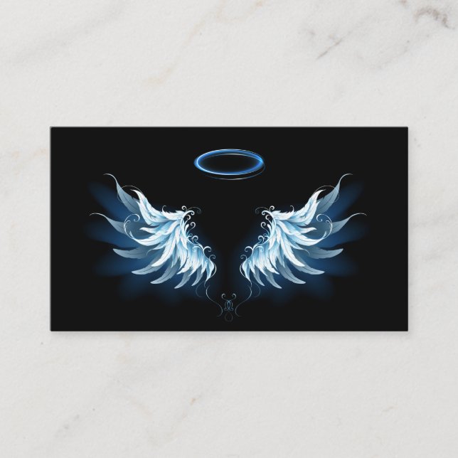 Blue Glowing Angel Wings on black background Enclosure Card (Front)