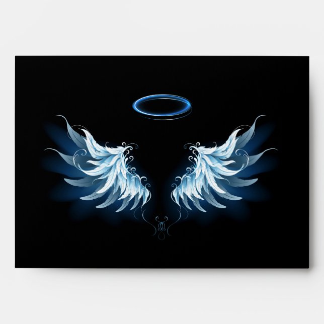 Blue Glowing Angel Wings on black background Envelope (Front)