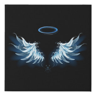 Blue Glowing Angel Wings on black background Faux Canvas Print