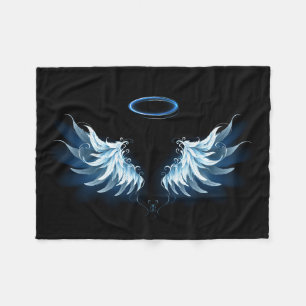 Blue Glowing Angel Wings on black background Fleece Blanket