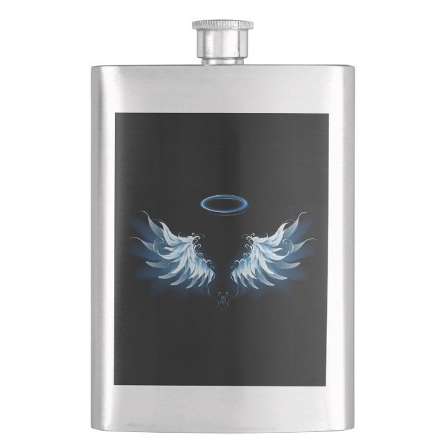 Blue Glowing Angel Wings on black background Hip Flask (Front)