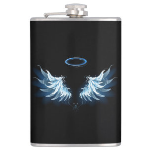 Blue Glowing Angel Wings on black background Hip Flask
