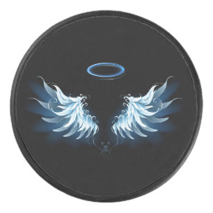 Blue Glowing Angel Wings on black background Hockey Puck