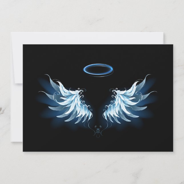 Blue Glowing Angel Wings on black background Holiday Card (Front)
