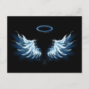 Blue Glowing Angel Wings on black background Holiday Postcard
