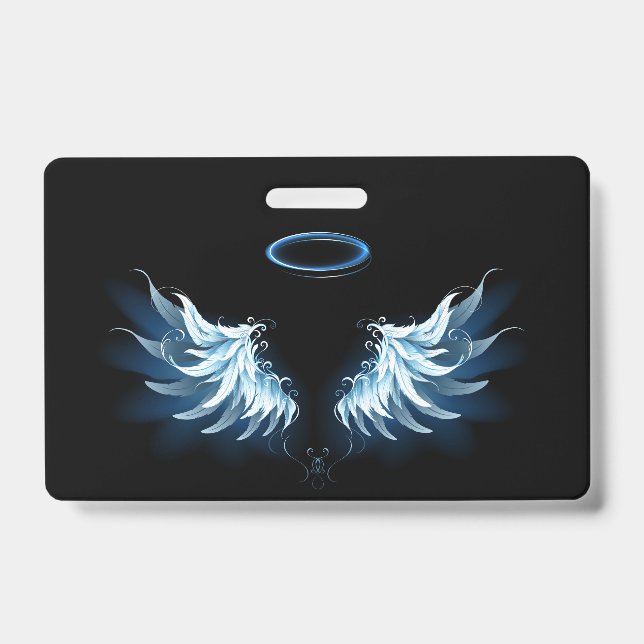 Blue Glowing Angel Wings on black background ID Badge (Front)