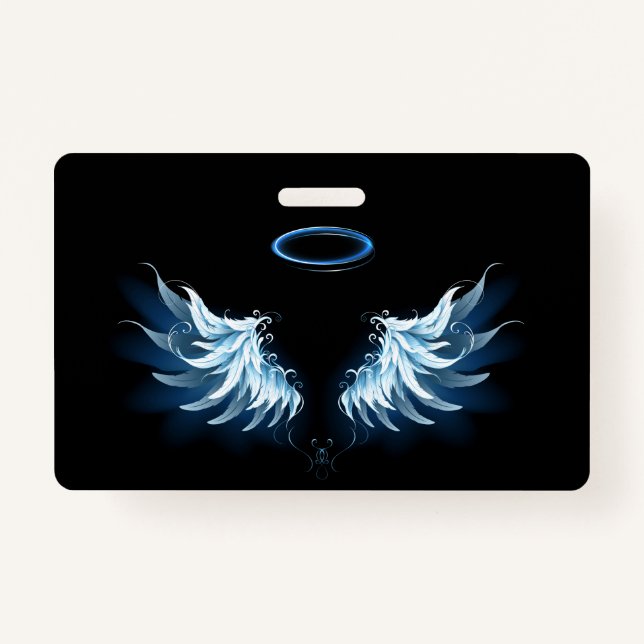 Blue Glowing Angel Wings on black background ID Badge (Front)