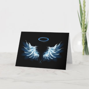 Blue Glowing Angel Wings on black background Invitation