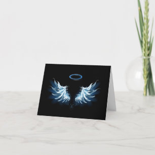 Blue Glowing Angel Wings on black background Invitation