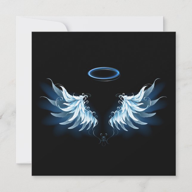 Blue Glowing Angel Wings on black background Invitation (Front)