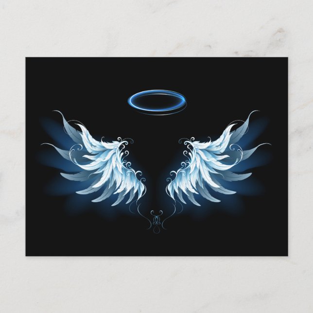 Blue Glowing Angel Wings on black background Invitation Postcard (Front)