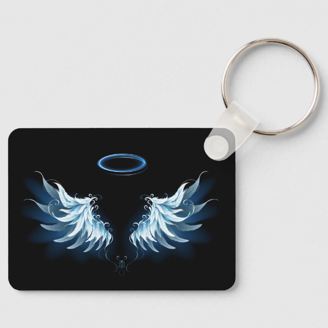 Blue Glowing Angel Wings on black background Key Ring (Front)