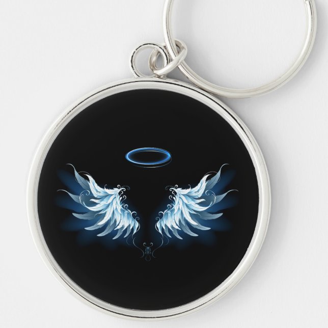 Blue Glowing Angel Wings on black background Key Ring (Front)