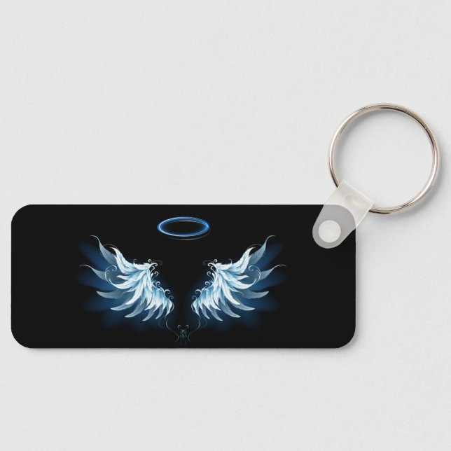 Blue Glowing Angel Wings on black background Key Ring (Front)