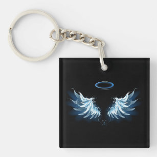 Blue Glowing Angel Wings on black background Key Ring