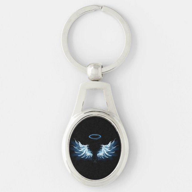 Blue Glowing Angel Wings on black background Key Ring (Front)