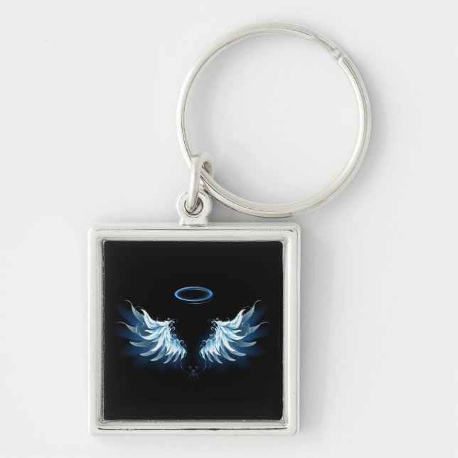 Blue Glowing Angel Wings on black background Key Ring (Front)