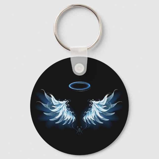 Blue Glowing Angel Wings on black background Key Ring (Front)