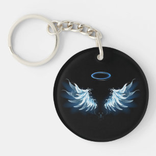 Blue Glowing Angel Wings on black background Key Ring