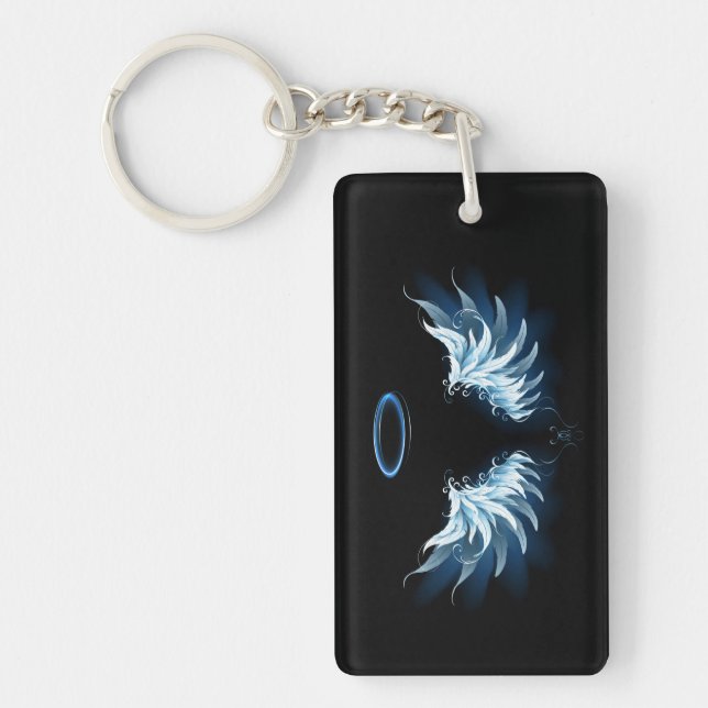 Blue Glowing Angel Wings on black background Key Ring (Front)