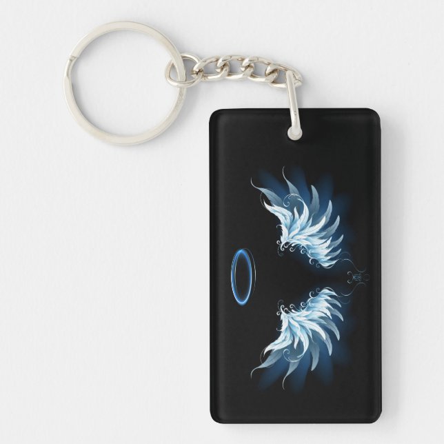 Blue Glowing Angel Wings on black background Key Ring (Front)
