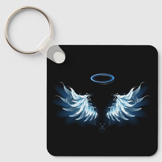Blue Glowing Angel Wings on black background Key Ring (Front)