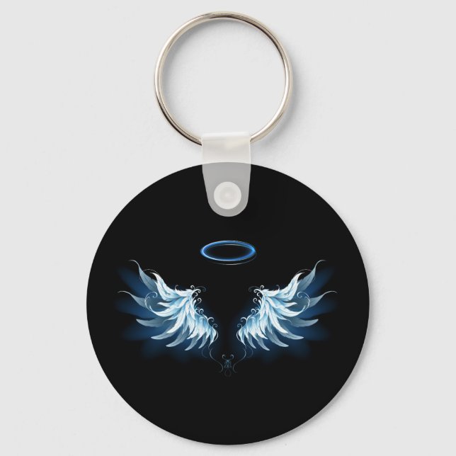 Blue Glowing Angel Wings on black background Key Ring (Front)
