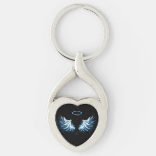 Blue Glowing Angel Wings on black background Key Ring