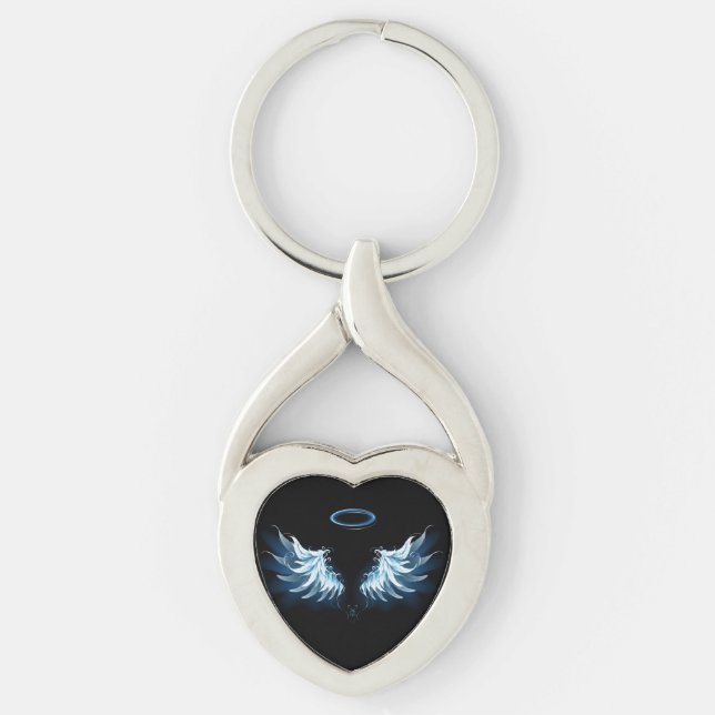 Blue Glowing Angel Wings on black background Key Ring (Front)