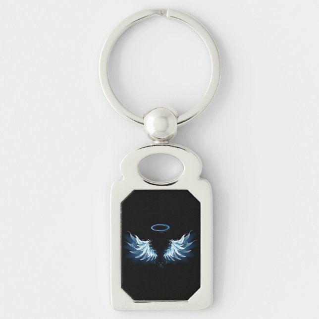 Blue Glowing Angel Wings on black background Key Ring (Front)
