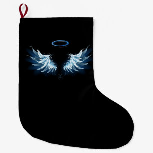 Blue Glowing Angel Wings on black background Large Christmas Stocking