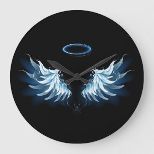 Blue Glowing Angel Wings on black background Large Clock