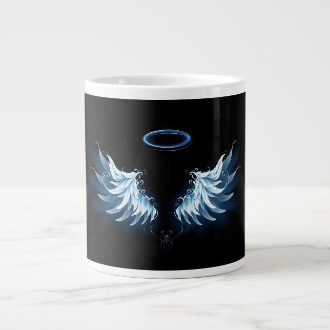 Blue Glowing Angel Wings on black background Large Coffee Mug (Front)