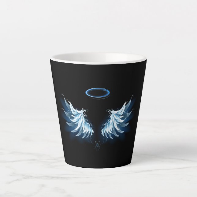 Blue Glowing Angel Wings on black background Latte Mug (Front)