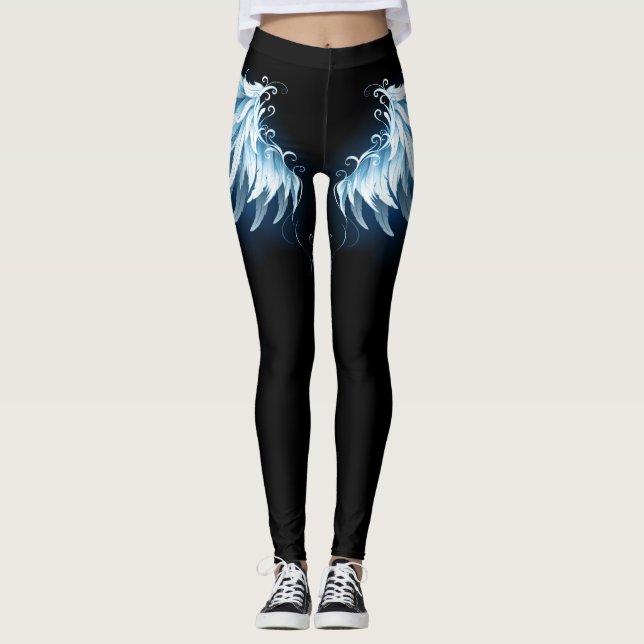 Blue Glowing Angel Wings on black background Leggings (Front)
