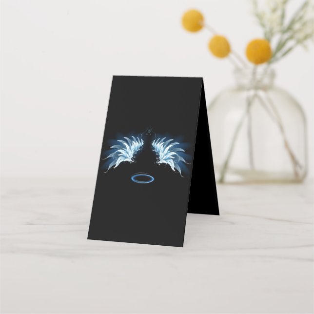 Blue Glowing Angel Wings on black background Loyalty Card (Back)