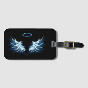 Blue Glowing Angel Wings on black background Luggage Tag
