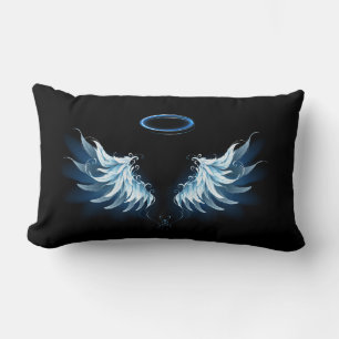 Blue Glowing Angel Wings on black background Lumbar Cushion