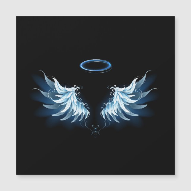 Blue Glowing Angel Wings on black background Magnetic Invitation (Front)