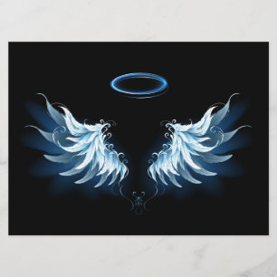Blue Glowing Angel Wings on black background Menu