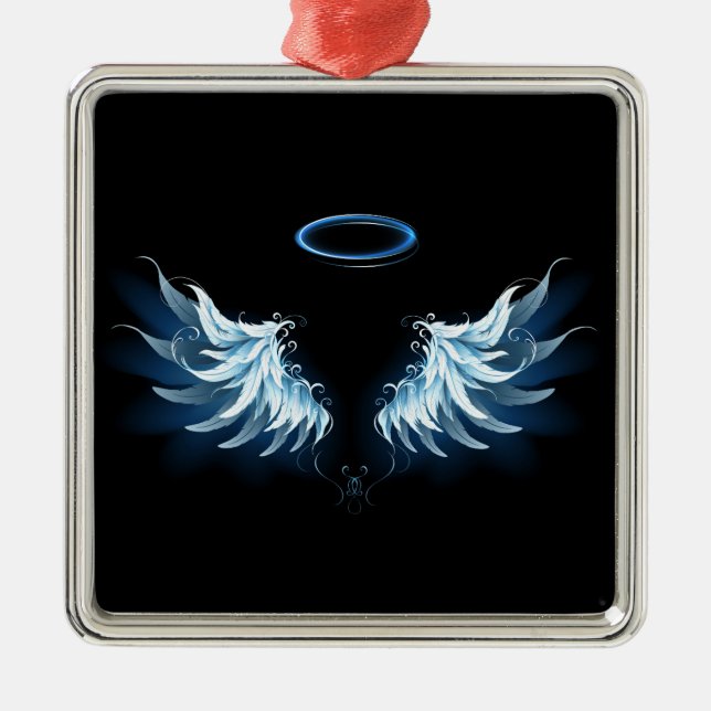 Blue Glowing Angel Wings on black background Metal Ornament (Front)
